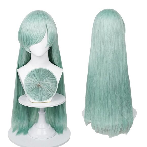 ? Women Green Long Cosplay Wig Mint Striaght Halloween Costume Party Hair Cap main image 4